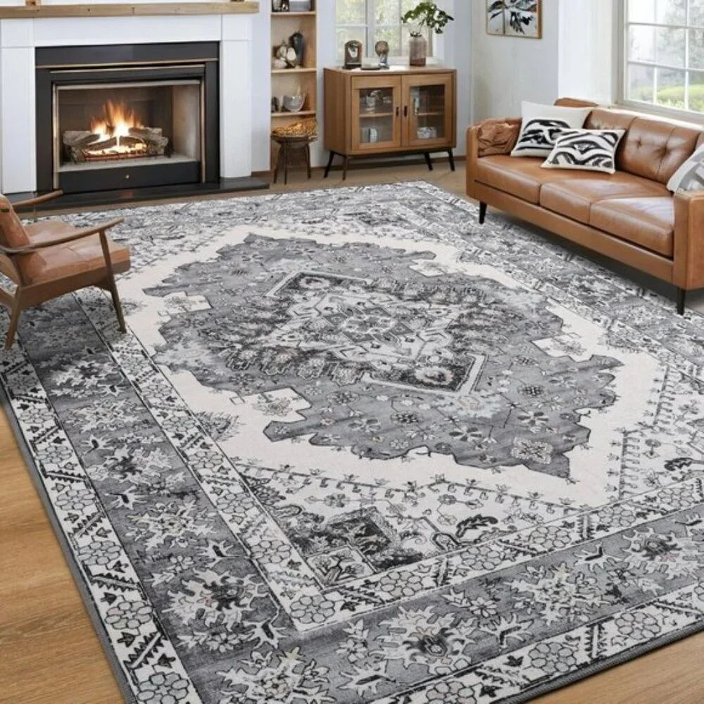 New 6x9 Washable Area Rug, Grey Blue Vintage Non-Slip Low Pile Carpet for Home